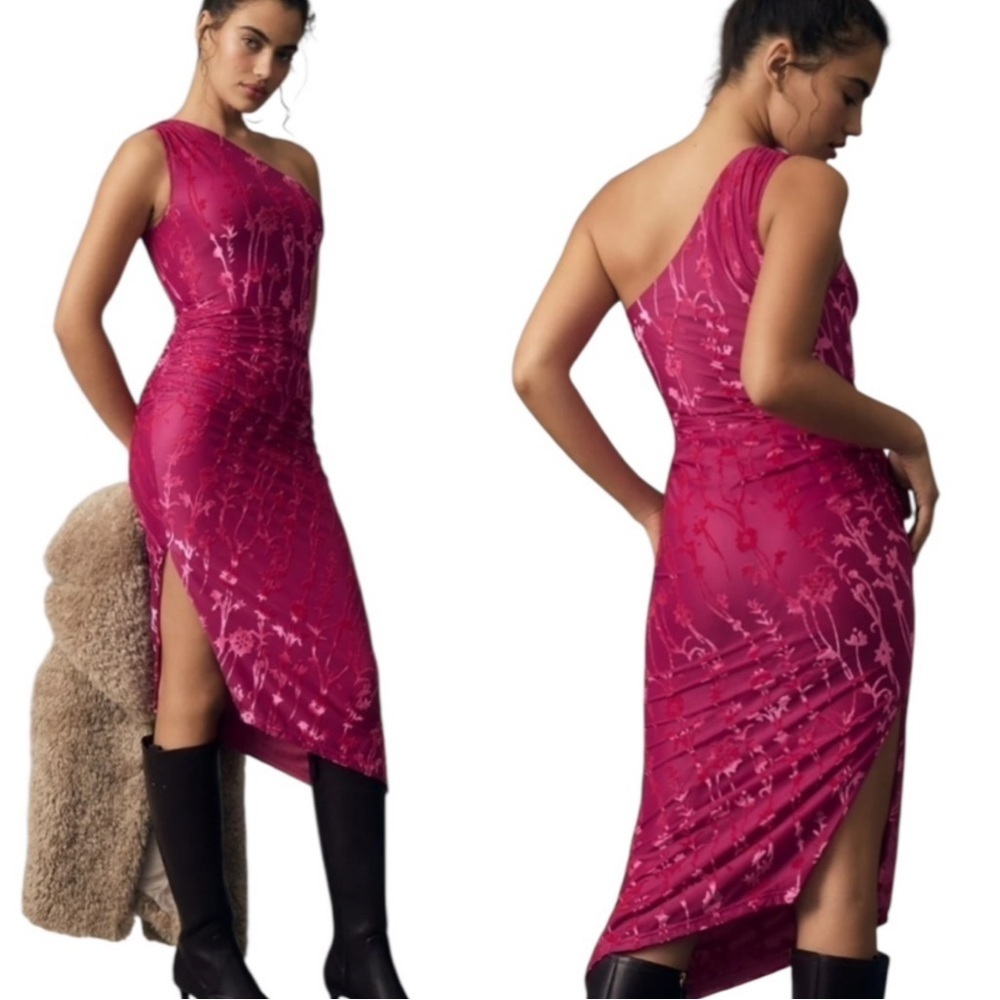 Anthropologie HUTCH One Shoulder Ruched Velvet Flocked Midi Dress Pink Size L - Picture 3 of 14